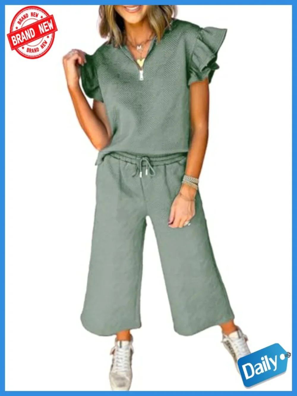 2 Piece Lounge Set V Neck Ruffle Polo Quarter Zip Top with Shorts